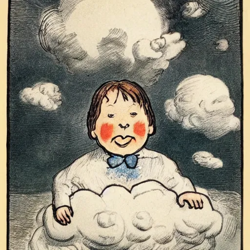 Prompt: candid portrait of white ball human face hybrid in the sky with face smiling eyes closed, surrounded by clouds, illustrated by peggy fortnum and beatrix potter and sir john tenniel