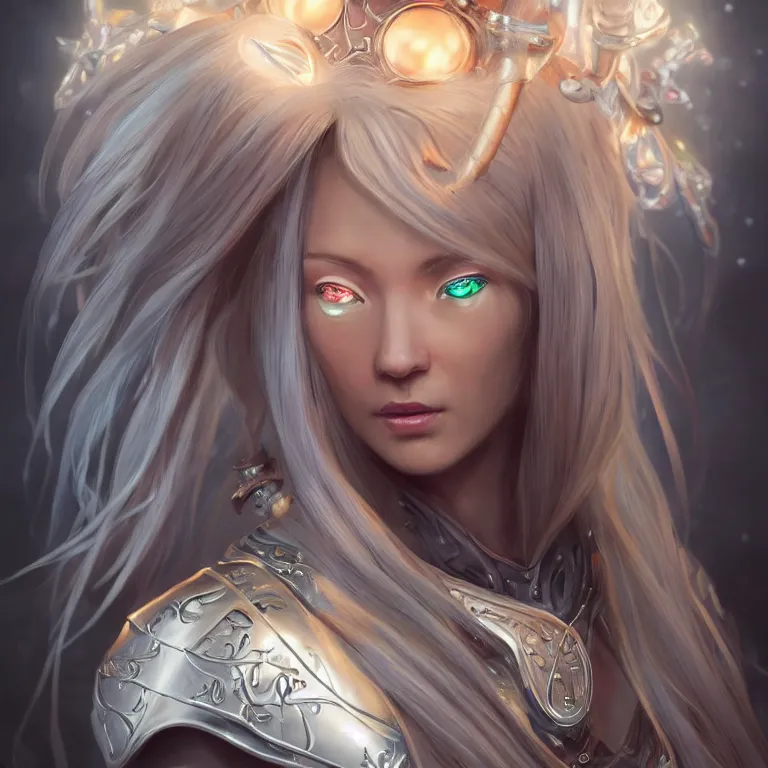 Prompt: portrait anthropomorphic candy gumdrop character with brilliant silver flowing hair and a brilliant jeweled silver helm, beautiful white glowing eyes, wideshot ultrawide angle epic scale, hybrid from The Elden Ring and art direction by Darius Zawadzki ;by artgerm; wayne reynolds art station; cinematic quality character render; low angle; ultra high quality model; production quality cinema model;