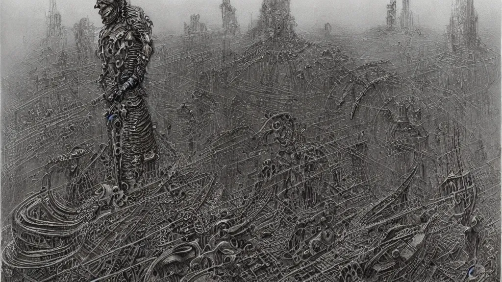 Image similar to A mechanical wasteland of large intricate constructs. Masterpiece by Zdzisław Beksiński and Adolf Lachman