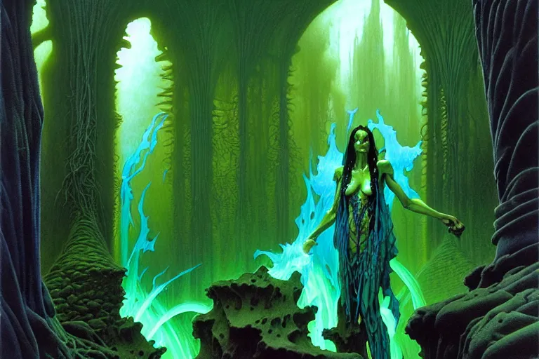 Image similar to the forgotten misery by michael whelan and roger dean and brom and hubert robert and greg staples and donato giancola, beautiful, flowing magical flesh robe, highly detailed, hyperrealistic, intricate, energy, electric, blue flame, low light, green crystal, high contrast, old and young, lifelike