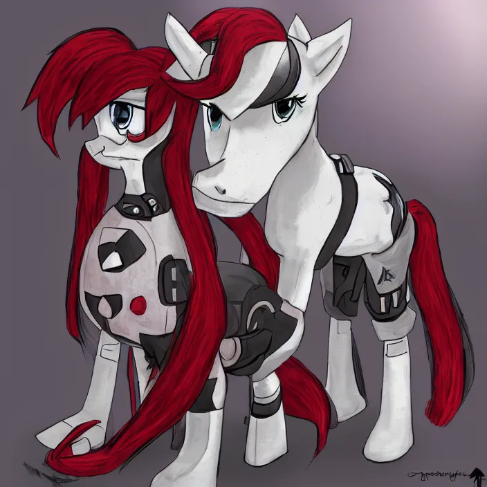 Image similar to Fallout Equestria Project Horizons | Blackjack Character Fanart | White MLP Unicorn Mare with red and black shaggy hair, and bright, robotic eyes. | Cutie Mark is: Ace and Queen of Spades | Trending on ArtStation, Digital Art, MLP Fanart, Fallout Fanart | Blackjack sitting and looking depressed at the viewer | Hyperrealistic CGI Photorealistic Cyborg Unicorn