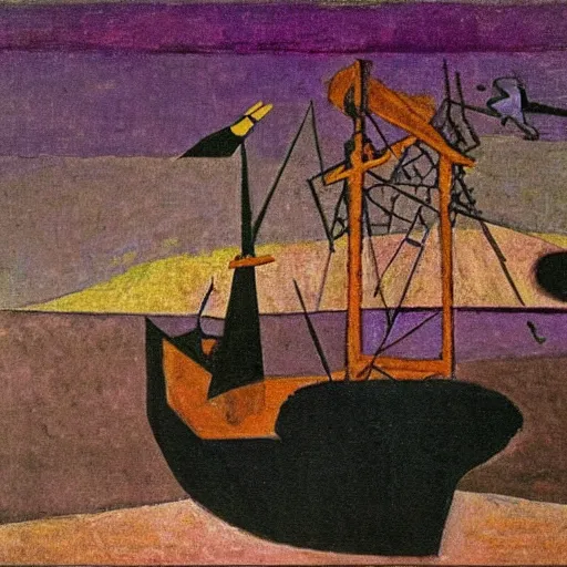 Prompt: a wolf barking on a 1700s ships bow during night with purple sky in fernando de noronha, from Kazimir Malevich trying imitate pablo picasso