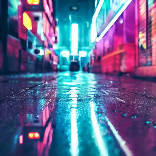 Image similar to a high quality low wide angle photo of a chameleon on the streets of a cyberpunk city, rainy, reflective ground, neon lights, realism, 8k