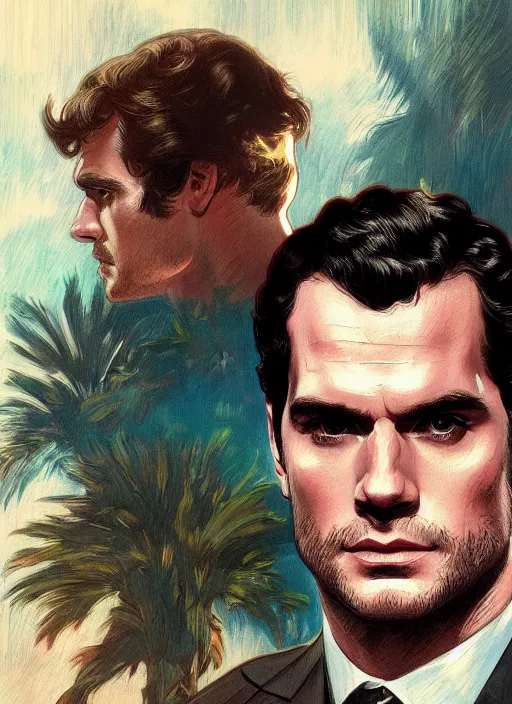 Image similar to portrait of henry cavill as james bond, key art, palm trees, vintage aston martin, highly detailed, digital painting, artstation, concept art, cinematic lighting, sharp focus, illustration, by gaston bussiere alphonse mucha