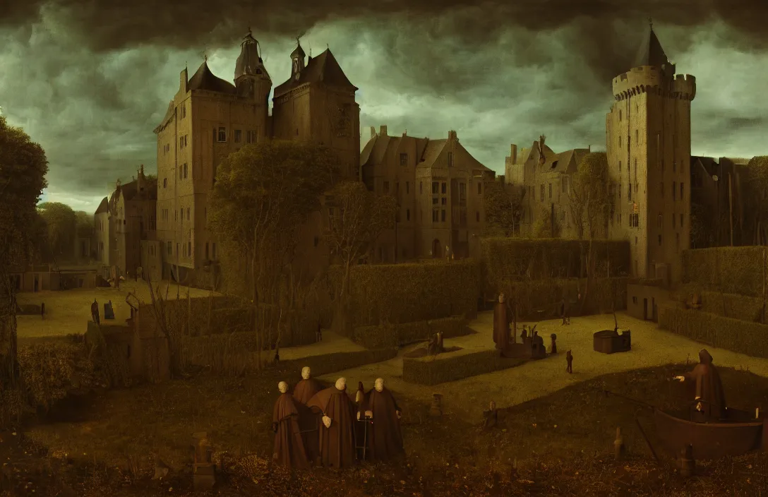 Image similar to ship ever further out to sea concentration camps painting by jan van eyck sequestered corner of a garden within a castle walls intact flawless ambrotype from 4 k criterion collection remastered cinematography gory horror film, ominous lighting, evil theme wow photo realistic postprocessing by jan urschel render by gregory crewdson