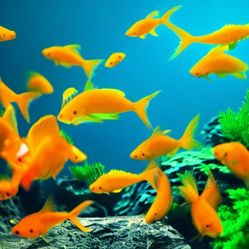 Image similar to luminescent glowing goldfish swimming in an aquarium, photography