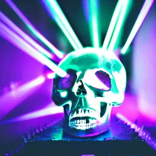 Image similar to a low poly disco skull full of long spikes, reflecting light in a nightclub, grainy film photograph