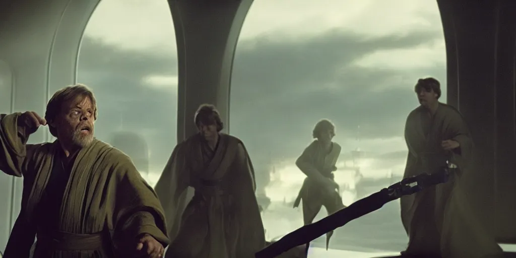 Image similar to A still of Mark Hamill as Jedi Master Luke Skywalker training a room full of young Jedi padawans, with large windows showing a sci-fi city outside, at dusk at golden hour