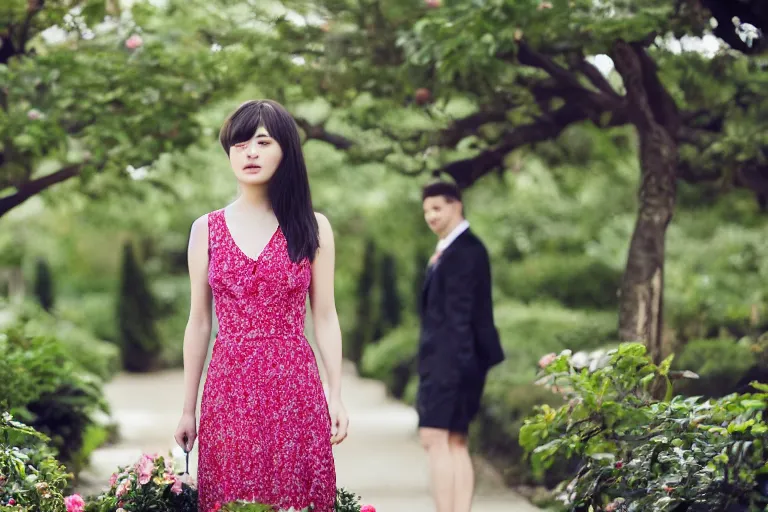 Prompt: young beautiful female president alone in the rose garden with her two boyfriends, professional photo, dslr, bokeh, romantic