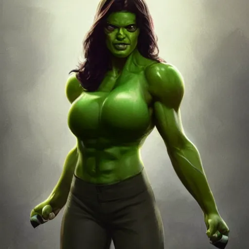 Prompt: she hulk, played by scarlett johannson, beautiful, cinematic, head and shoulders, trending on artstation, digital art, hyper realistic, striking pose, by greg rutkowski