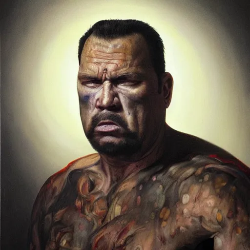 Prompt: Oil painting by Christian Rex Van Minnen of a portrait of an extremely bizarre disturbing mutated steven seagalwith intense chiaroscuro lighting very detailed insanely creepy perfect composition