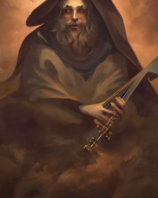 Image similar to baroque portrait of a shadowy man wearing a hooded cloak, playing a magical mandolin, gallery art by peter mohrbacher, artstation, artgate