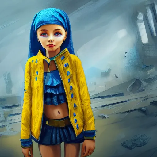 Image similar to ukrainian girl with blue and yellow clothes near big ruined city, concept art, trending on artstation, highly detailed, intricate, sharp focus, digital art, 8 k