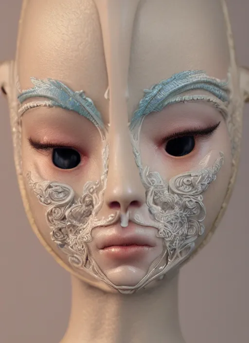 Image similar to closeup portrait a beautiful woman wearing a porcelain mask, moebius : 1 0, mark ryden : 5, popovy sisters : 1 0, intricate, hyperdetailed, bjd, trending on artstation : 3