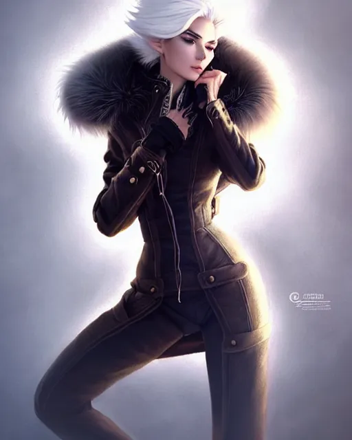 Image similar to dragon hunter wearing a fur - lined dragonhide jacket!!! beautiful and gorgeous elegant white haired female!! symmetry, character concept art, sharp focus, illustration, art by artgerm!! greg rutkowski magali villeneuve wlop!! ilya kuvshinov!! charlie bowater! octane render, unreal engine 5! highly rendered!!