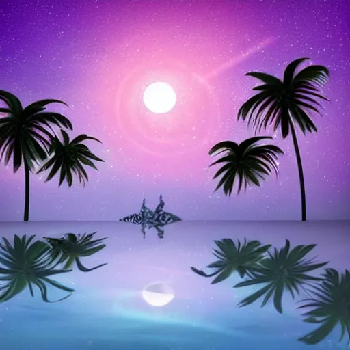 Image similar to dreamy wistful oasis whimsical purple pink blue calm nighttime stars palm tree lush