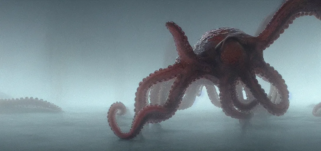 Image similar to an octopus trapped in a bottle, foggy, cinematic shot, photo still from movie by denis villeneuve, wayne barlowe