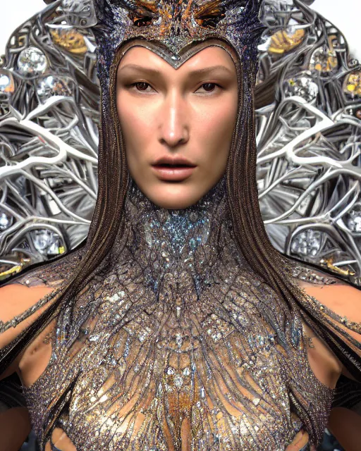 Image similar to a highly detailed metahuman 8 k close up render of bella hadid renaissance in iris van herpen dress in diamonds crystals swarovski and jewelry iridescent in style of gustav klimt on artstation made in unreal engine 4