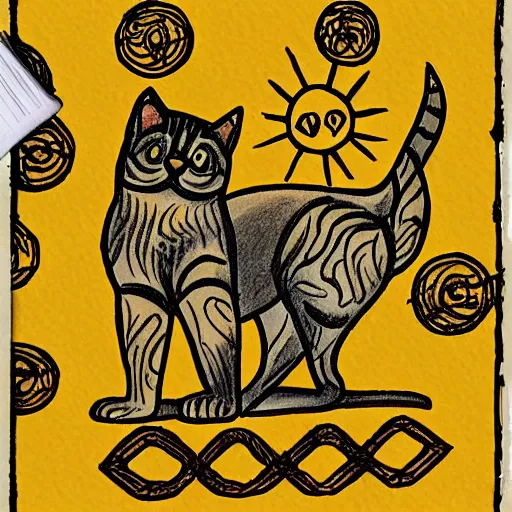 Prompt: tattoo sketch of a cat hugging the sun, on a yellow paper, byzantium ornament, tribal