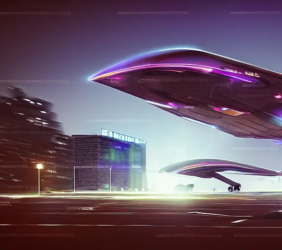 Image similar to futuristic sci fi jet lands at runway of cyberpunk city, night photo ,dark cinematic lighting , digital concept art