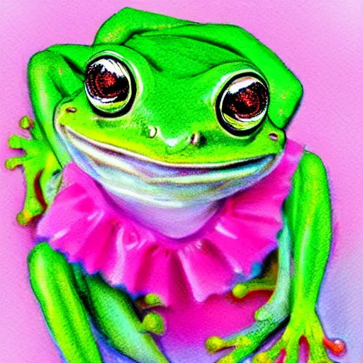 Prompt: super cute smiling green tree frog dressed in a pink skirt,, photo realistic, matte image