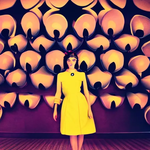 Image similar to giant flower head, frontal, girl standing in mid century hotel, surreal, symmetry, bright colors, cinematic, wes anderson