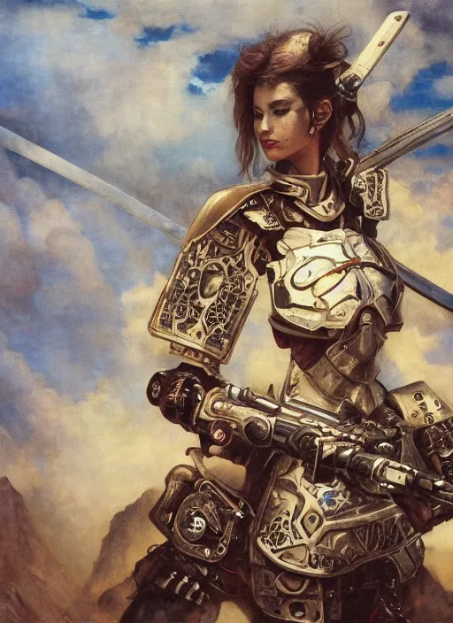 Image similar to symmetry! closeup portrait of a beautiful biblical diabolical samurai girl holding a rifle, cyborg armor, in clouds, cinematic studio light, windy, sunrise, by gerald brom, by mikhail vrubel, by peter elson, muted colors, extreme detail, trending on artstation, 8 k