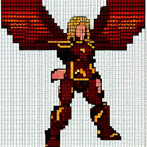 Prompt: an angel, super nintendo game sprite, symetric, pixelate, barroque red armor, warrior iron armor