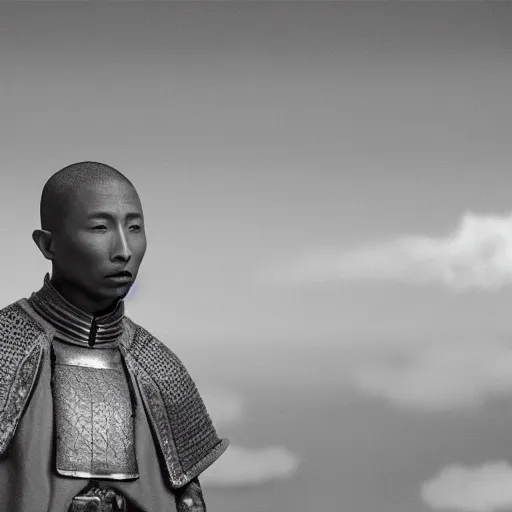 Image similar to cinematic film still Pharrell Williams starring as a Samurai holding fire, Japanese CGI, VFX, 2003, 40mm lens, shallow depth of field,film photography