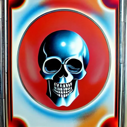 Image similar to 1 9 7 0 s airbrushed poster featuring art deco chrome skull, key light, intricate ornamental designs