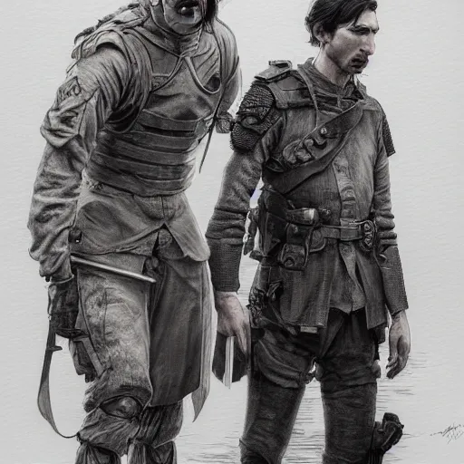 Image similar to portrait of adam driver helping a wounded john oliver, standing together, stoic, full body, military uniform, battle, war, fantasy, intricate, elegant, beautiful, highly detailed, charcoal, centered, dark, smokey, digital painting, artstation, concept art, smooth, sharp focus, illustration, art by artgerm and greg rutkowski and alphonse mucha