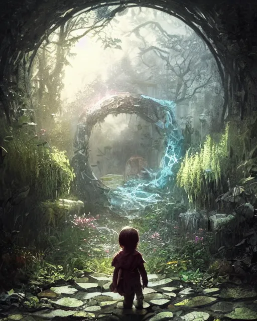 Prompt: a child looking at a dimensional portal in the hidden garden, scare, environment art, fantasy art, landscape art, in the style of greg rutkowski, illustration, epic, fantasy, intricate, hyper detailed, artstation, concept art, smooth, sharp focus, ray tracing