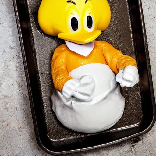 Image similar to roasted spatch donald duck in a baking tray with rosemary and thyme, cooking oil, steam, charred, ready to eat, electric sparks