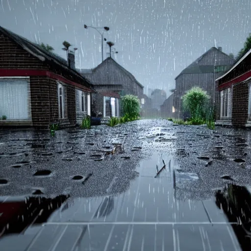 Image similar to still photo of rain puddles and reflections in a village, cloudy weather, highly detailed, photorealistic shot, bright studio setting, studio lighting, crisp quality and light reflections, unreal engine 5 quality render