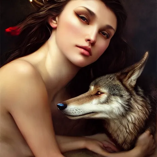 Image similar to of a beautiful brunette women with a wolf, intricate skin, fur, silicone cover, elegant, peaceful, full body, horns, hyper realistic, extremely detailed, dnd character art portrait, fantasy art, intricate fantasy painting, dramatic lighting, vivid colors, deviant art, artstation, by edgar maxence and caravaggio and michael whelan and delacroix