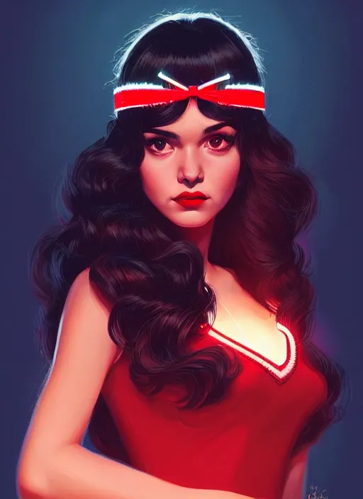 Image similar to portrait of veronica lodge with fluffy bangs, 1 9 6 0 s, long hair, red hairband, curly bangs, intricate, elegant, glowing lights, highly detailed, digital painting, artstation, concept art, smooth, sharp focus, illustration, art by wlop, mars ravelo and greg rutkowski