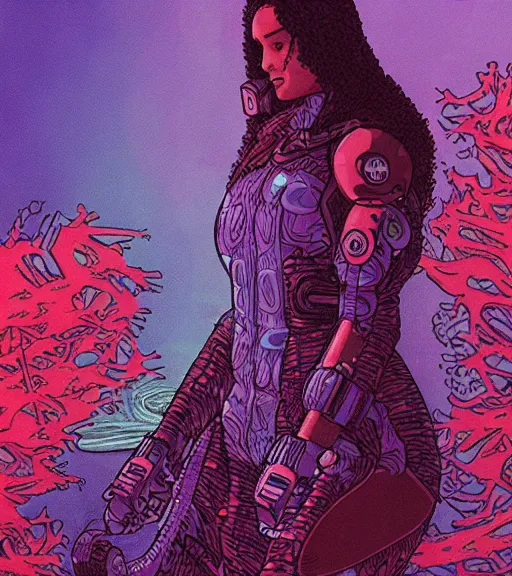 Image similar to a cyberpunk diver Polynesian woman swims through a dark bioluminescent alien coral reef, techwear, Industrial Scifi, detailed illustration, character portrait, by Martin Grip and Moebius