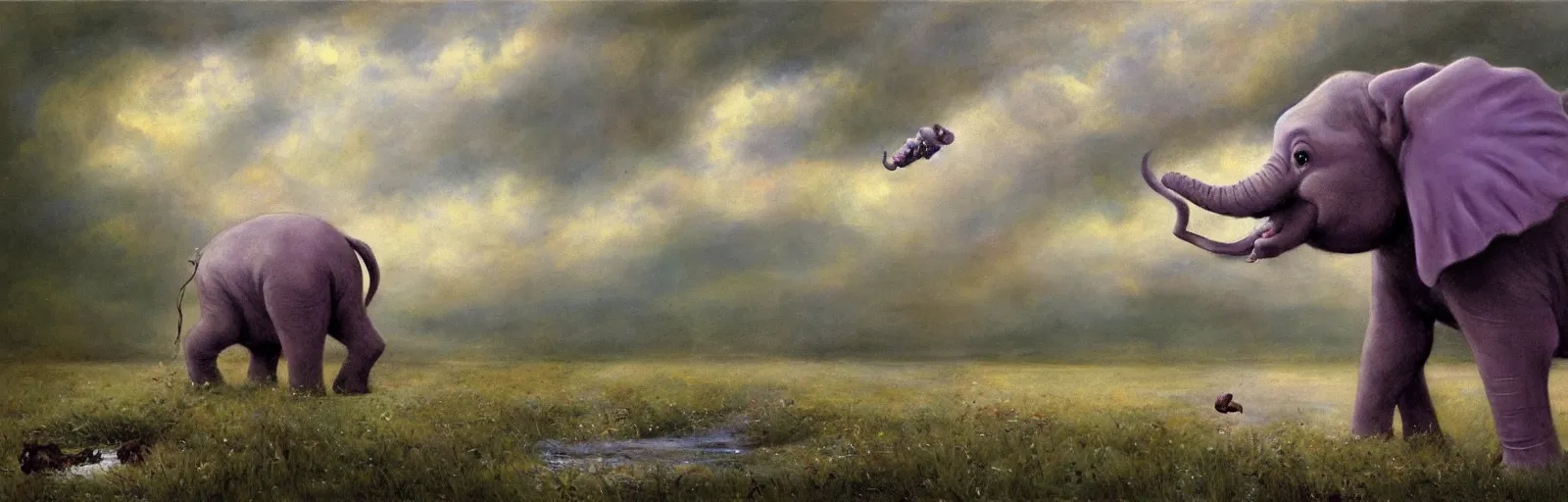 Image similar to A baby purple elephant flying across a meadow with a stream, illustration, detailed, smooth, soft, warm, by Adolf Lachman, Shaun Tan, Surrealism