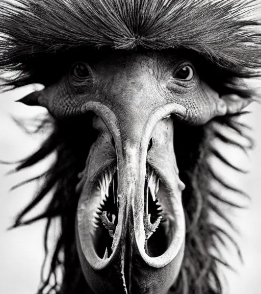 Prompt: Award winning Editorial up-angled photograph of Early-medieval Scandinavian Folk ostrich Baring its teeth with very long floppy curly incredible hair and fierce hyper-detailed eyes by Lee Jeffries and David Bailey, 85mm ND 4, perfect lighting, a heart-shaped birthmark on the forehead, dramatic highlights, wearing traditional garb, With very huge sharp jagged Tusks and sharp horns, gelatin silver process