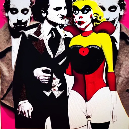 Prompt: richard hamilton and mimmo rottela and banksy as joaquin phoenix skinny joker holding hand lady gaga harley queen, ultra photorealistic, intricate details, pop art style, concept art, ultrarealistic, 3 colors, 4 d, smooth, sharp focus