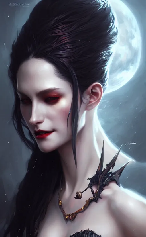 Image similar to desirable Vampire woman, fantasy, intricate, elegant, highly detailed, digital painting, artstation, concept art, matte, sharp focus, illustration, art by artgerm and Greg Rutkowski, dreadjim, zeen chin