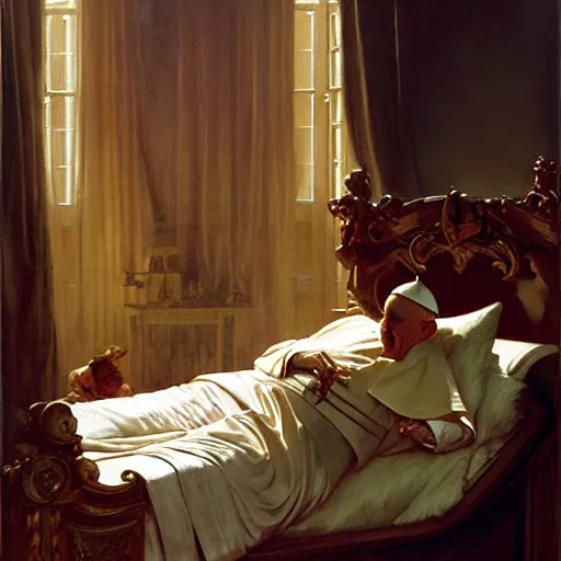 Image similar to the pope wakes up is his bed, sweating, nervous, terrified, because a double horned shadow demon lurks in the curtains of the papal bedroom. highly detailed painting by gaston bussiere, j. c. leyendecker, greg rutkowski, craig mullins 8 k