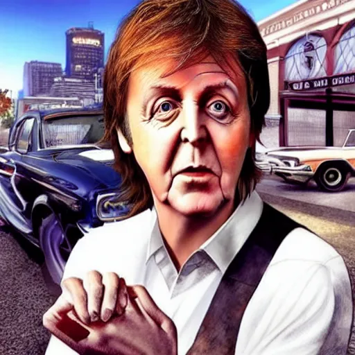 Prompt: Paul McCartney on a gta cover of the game, hyper realistic, HD, HQ, photo realistic