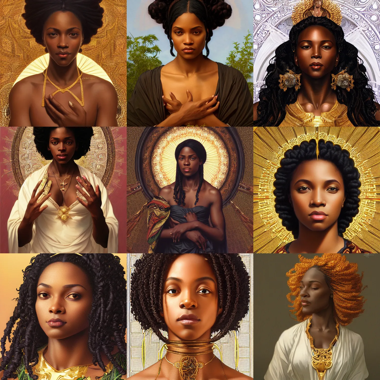 Prompt: a portrait of black female jesus, intricate, elegant, highly detailed, digital painting, grin, artstation, concept art, smooth, sharp focus, illustration, art by kehinde wiley, artgerm and greg rutkowski and alphonse mucha and william - adolphe bouguereau