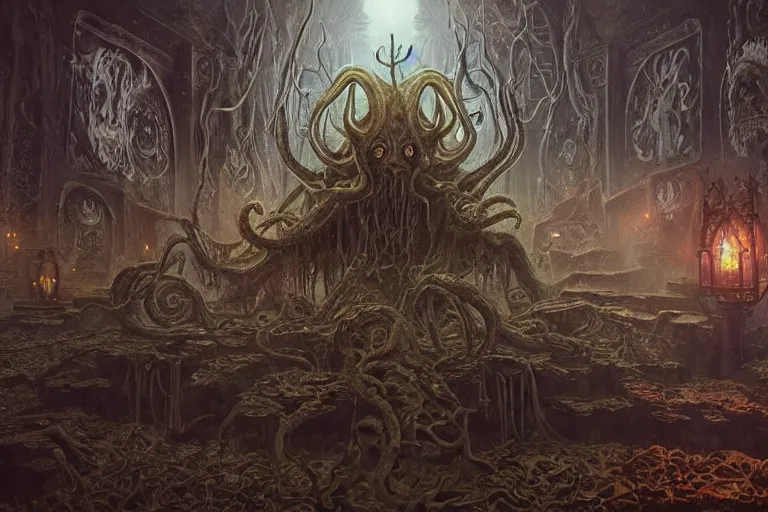 Image similar to a lovecraftian painting of a demonic shrine, occult, moster summoning, warlocks ritual, cosmic horror elements, ultra realistic, concept art, intricate details, eerie, highly detailed, photorealistic, octane render, 8 k, unreal engine. art by artgerm and greg rutkowski and alphonse mucha