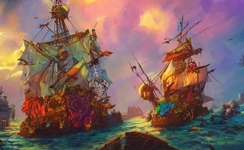 Image similar to pirate ship, storybook, colorful, lush, artstation, print