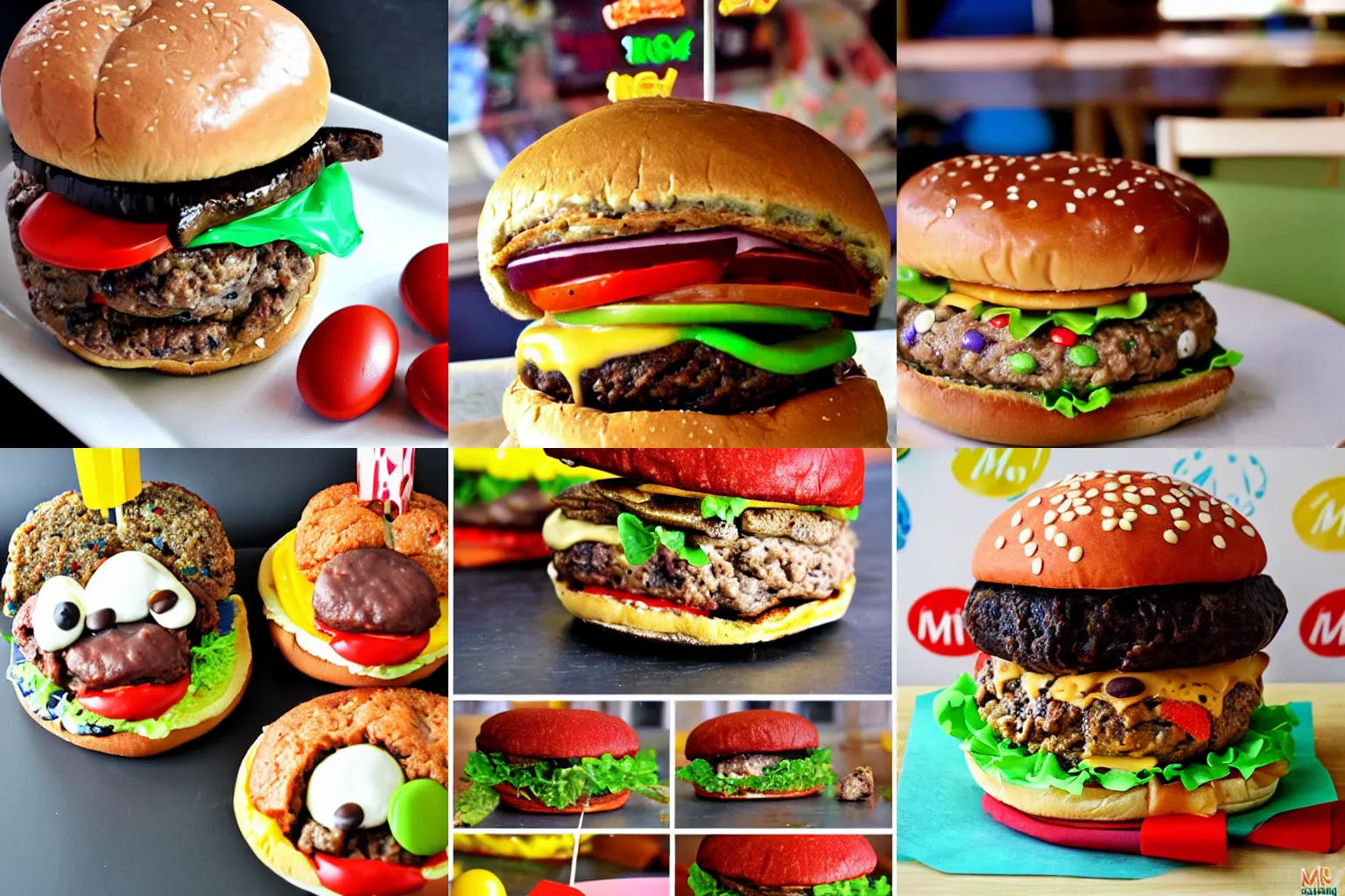 Prompt: delicious M&M's giant burgers, food blog photo