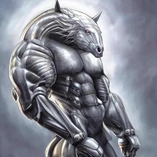 Image similar to an exaggeratedly muscular anthropomorphized horse with a magnificently muscular physique wearing a tight cybernetic armor while protecting a facility, long white mane, equine, anthro art, furaffinity, highly detailed, realistic, digital painting, artstation, sharp focus, concept art, illustration, art by artgerm, greg rutkowski, wlop