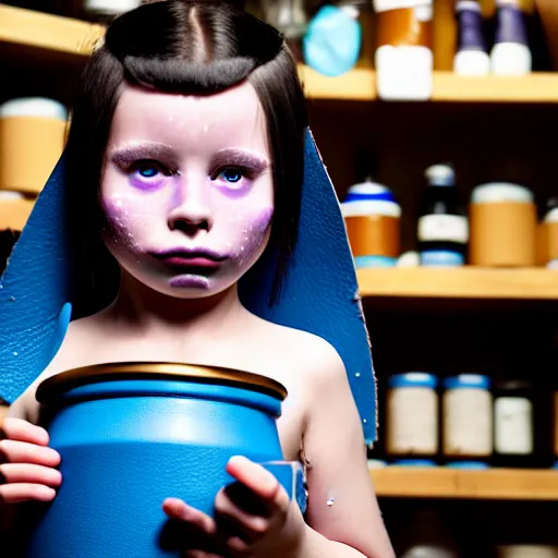 Image similar to a little blue-skinned girl with messy black hair sharp pointed ears freckles along the ridges of her cheeks in a pantry drinking from a leather flask, blue skinned dnd triton, high resolution film still, 4k, HDR colors