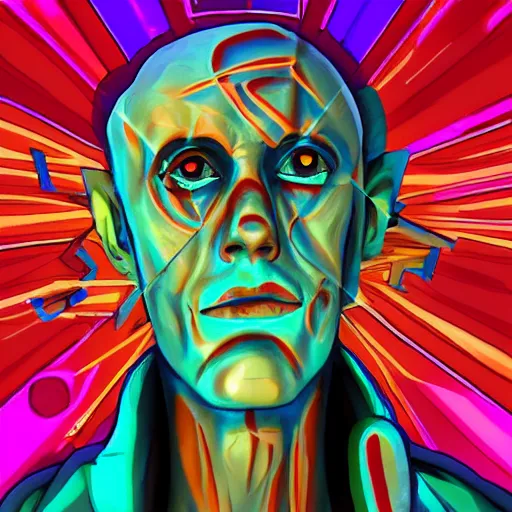 Image similar to depraved and spiritually broken skinny man with spiral trippy eyes dazed and broken down by years of mind control propoganda, tv screens behind him, weird abstract art in the style. of will hughes, trending on artstation, ultra 8 k